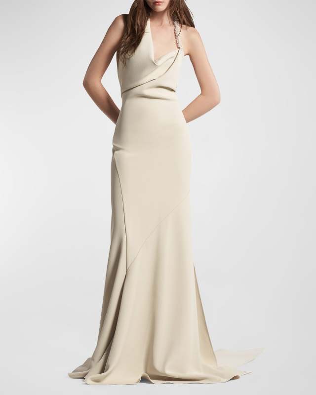 Desires Beaded Cowl-Neck Open-Back Trumpet Gown